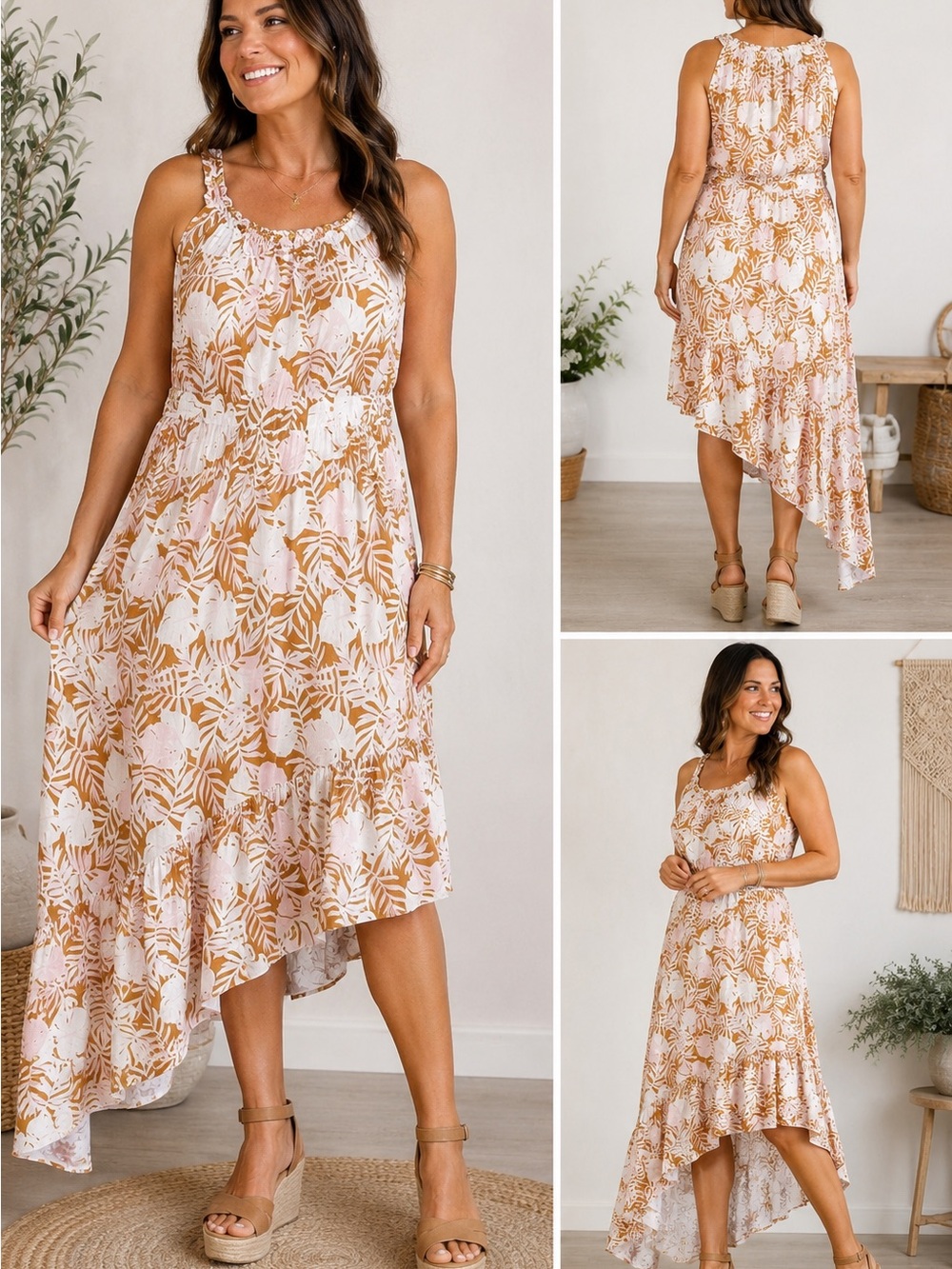 SO Sleeveless High-Low Floral Dress in Tan and White